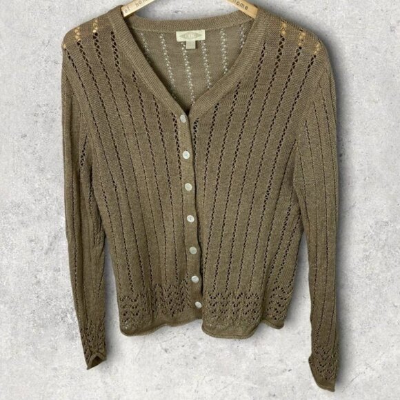 Vintage CDG 100% Linen Tan Knit Cardigan Sweater Cutout Lightweight Hong Kong L - Picture 11 of 13